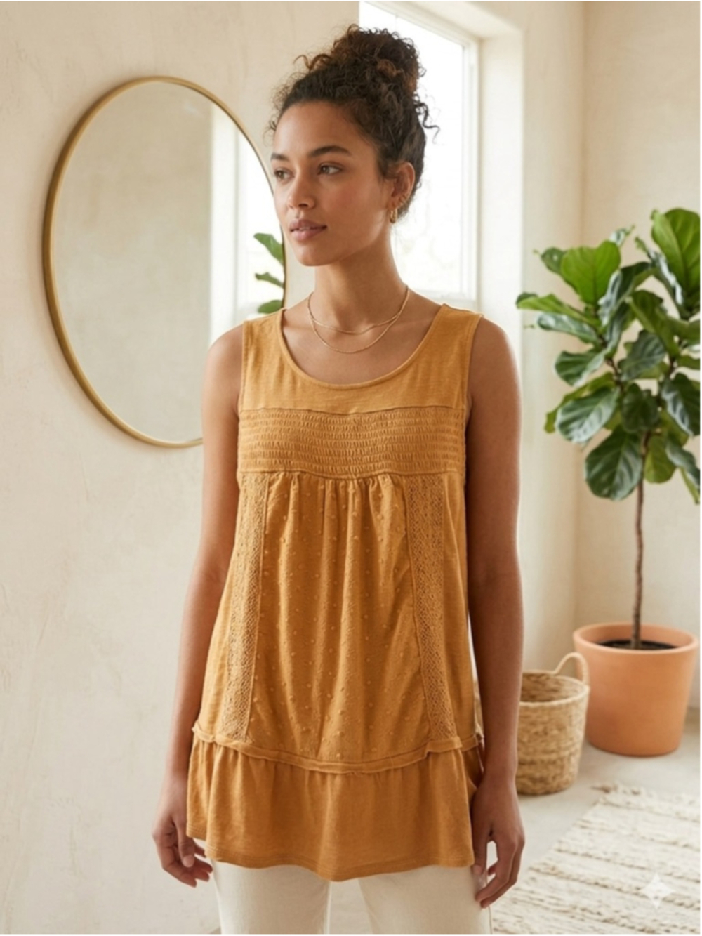 Knox Rose Mustard Yellow Sleeveless Smocked Tank Top size XL